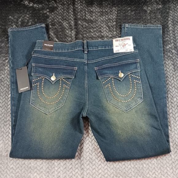 True Religion Geno Slim Jeans Men's Medium Amber Nights Wash Studded Flap 33x32 - Picture 5 of 13